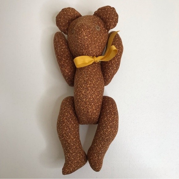 Vintage Handmade Brown Calico Fabric Button Jointed Teddy Bear Button Eyes 15" - Picture 5 of 9